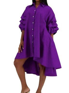 Purple High-Low Button-Up Shirt Dress With Ruffle Sleeves Size M Elegant Womens